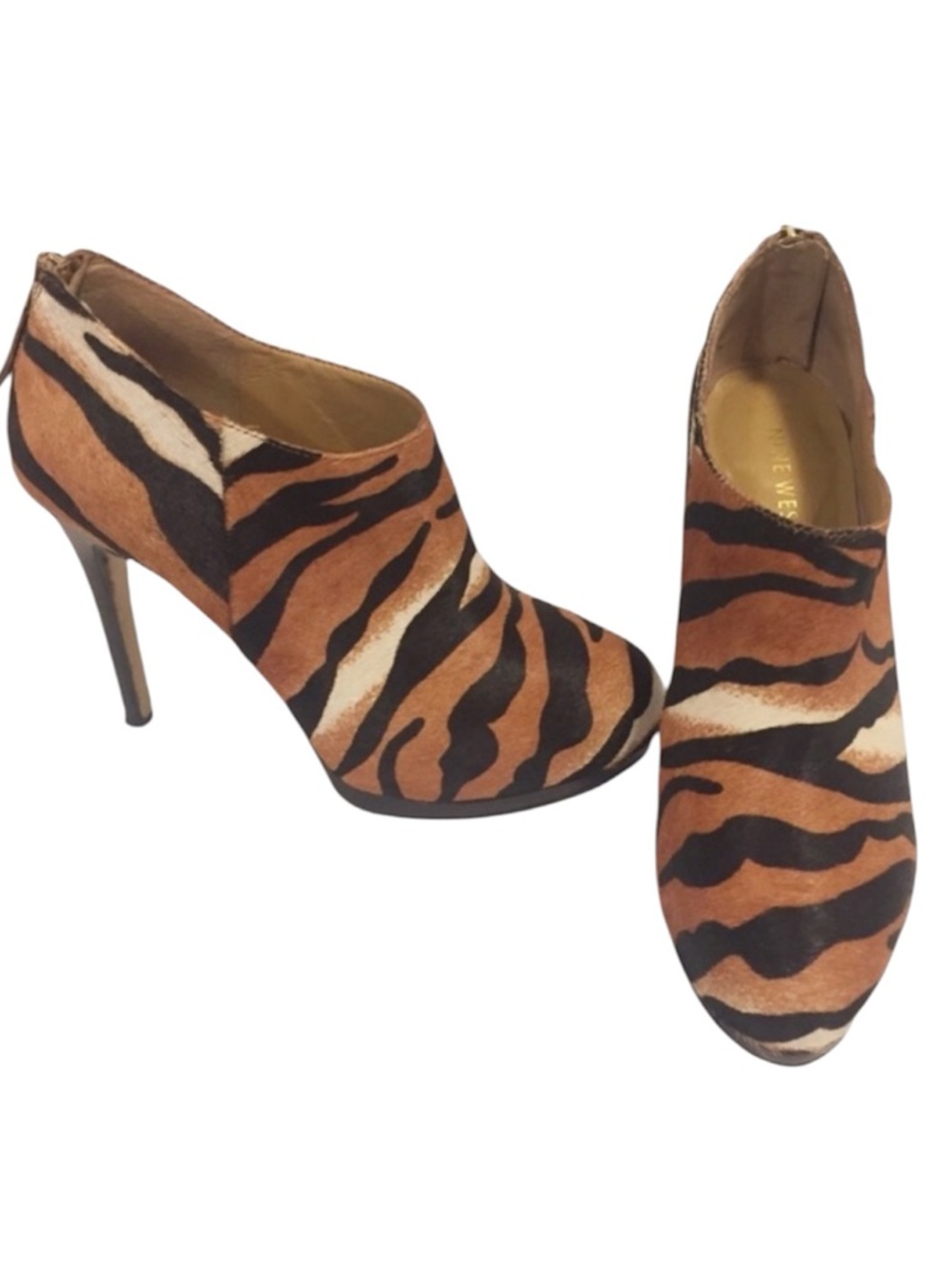 NINE WEST Animal Print Ankle Booties Haywire Tiger Heels Pony Hair Stiletto sz 6